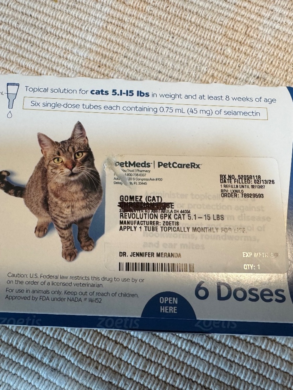 Revolution for Cats 5.1-15 lbs 4Doses 07/2028 expiration